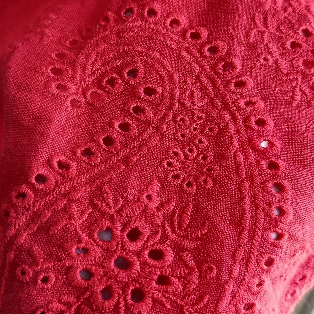 XL❤️Linen Sleeveless Vibrant Red Midi Dress With Eyelet Lace Hem - Picture 4 of 7
